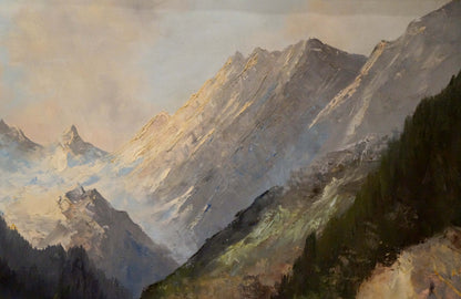 Oil painting landscape Eber Lincer: majestic snow-capped mountains and forests