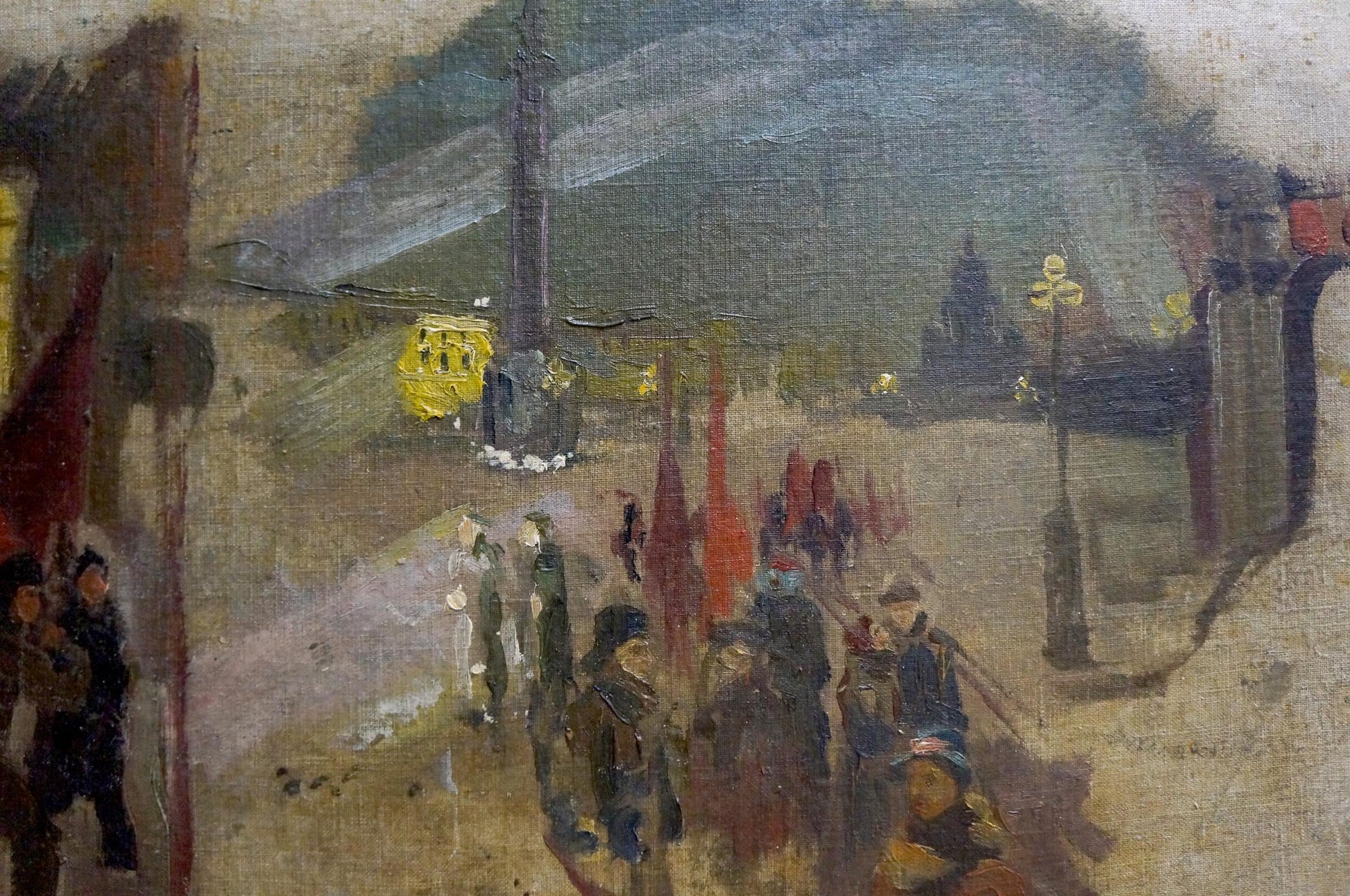 Textured impressionistic oil painting On the Road bustling street scene