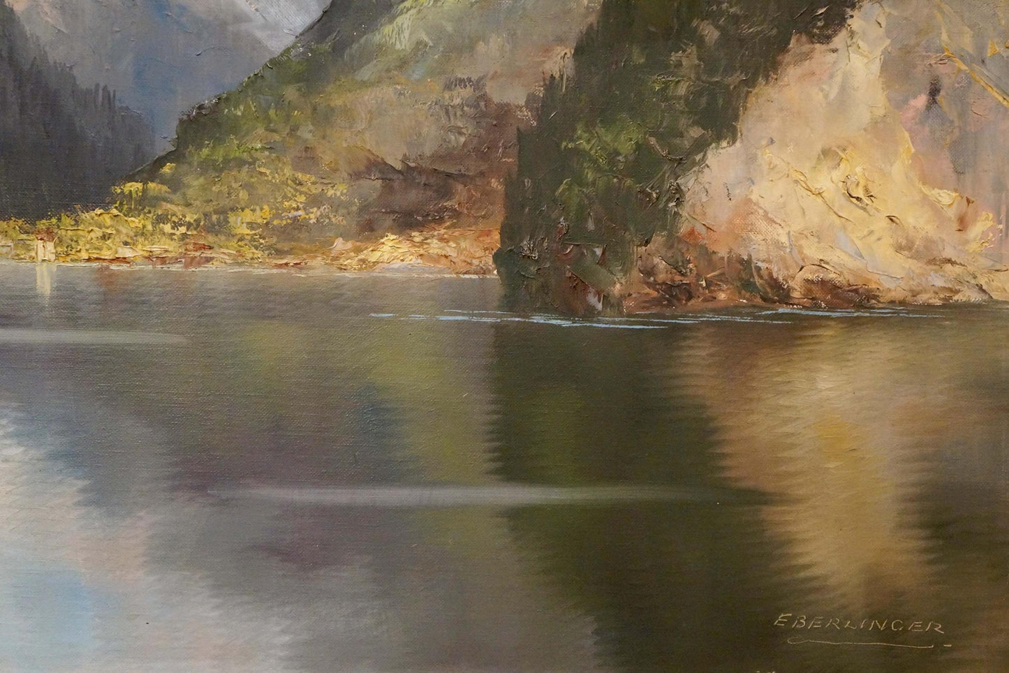 Oil painting Landscape Eber Lincer: serene lake reflecting sunlit mountains