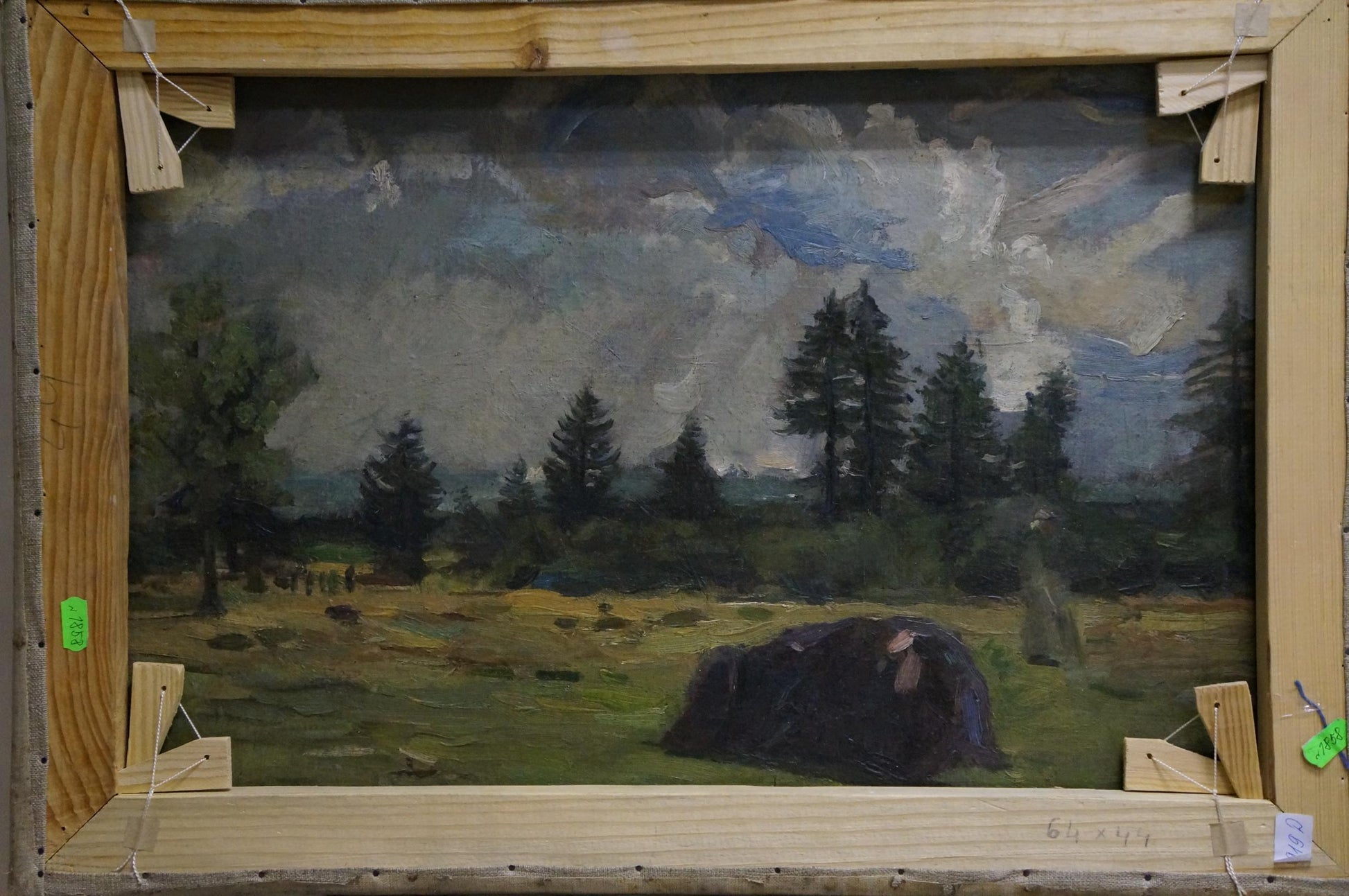 Oil painting On the Road: moody landscape with dark trees, stormy skies, black boulder