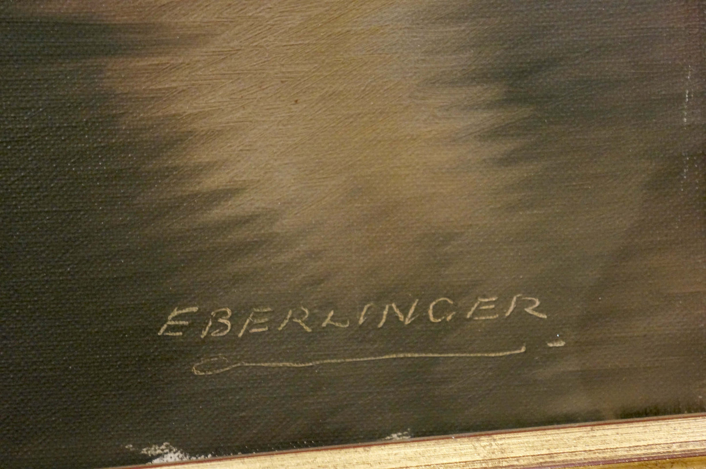 Back of oil painting Landscape Eber Lincer with Eberlinger chalk signature on dark textured canvas