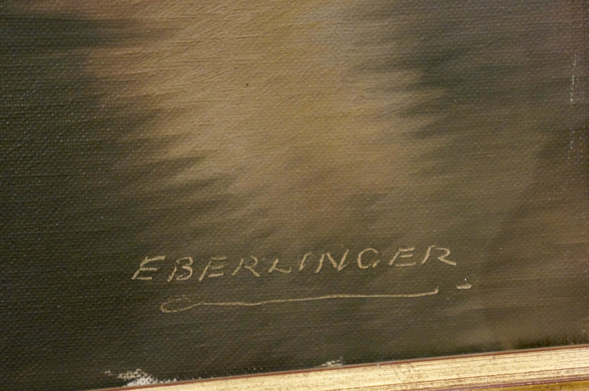 Back of oil painting Landscape Eber Lincer with Eberlinger chalk signature on dark textured canvas