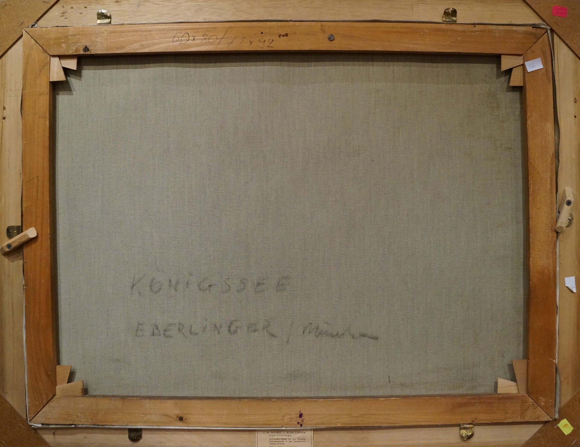 Back of Oil painting Landscape Eber Lincer canvas with handwritten text on gray fabric