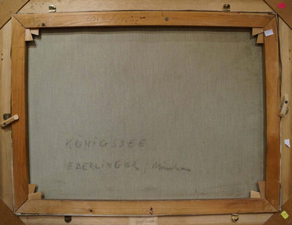 Back of Oil painting Landscape Eber Lincer canvas with handwritten text on gray fabric