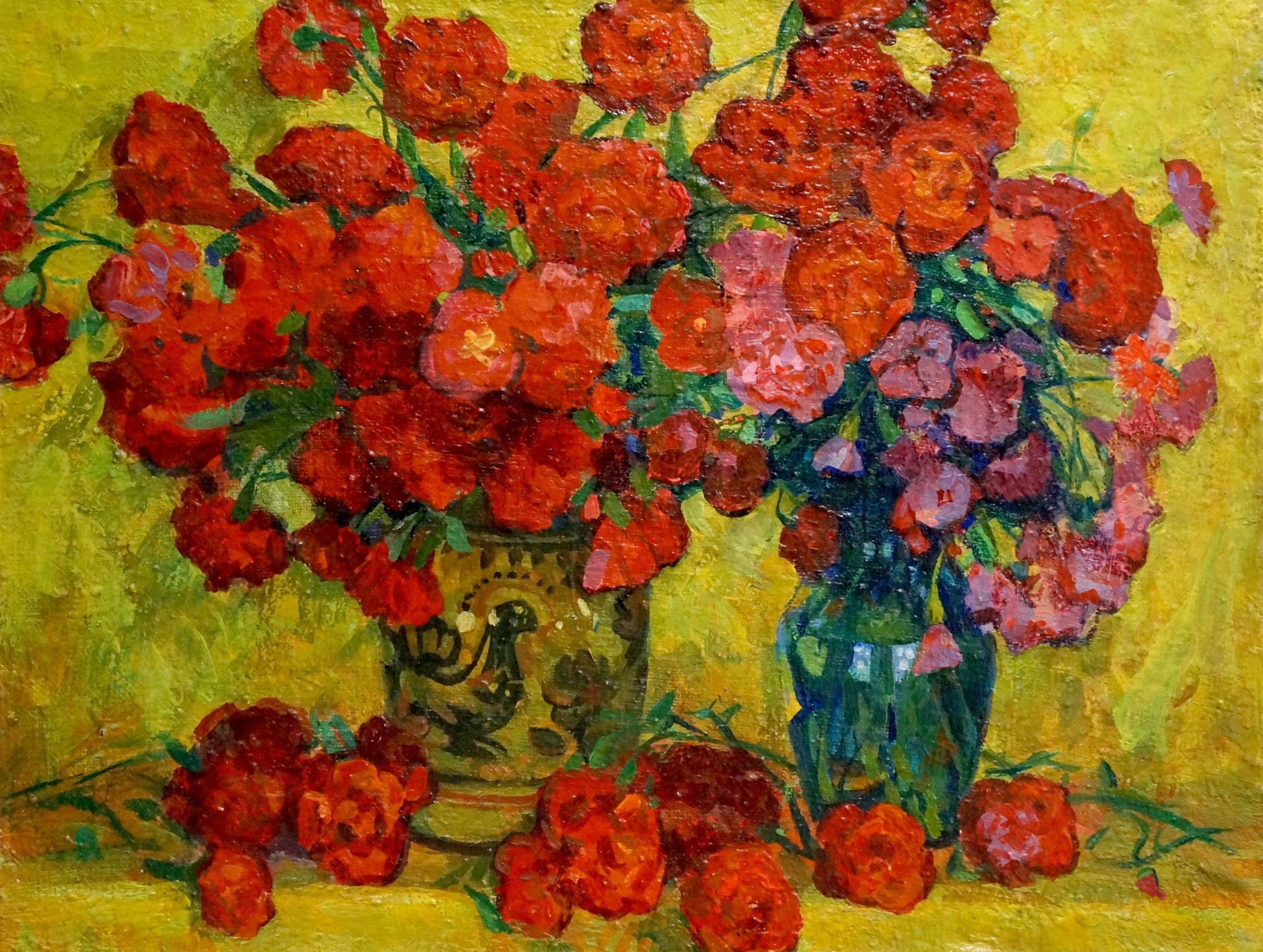 Oil painting of vibrant red and pink roses by Pokulity Konstantin Ivanovich in green vase