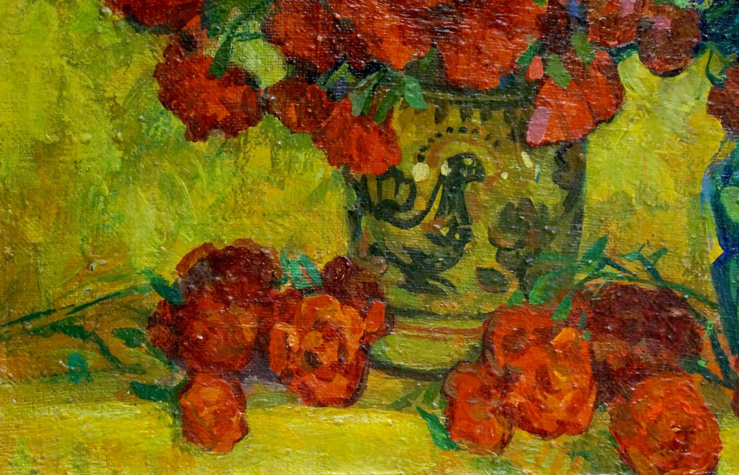 Green ceramic vase with black rooster and red roses by Pokulity Konstantin Ivanovich