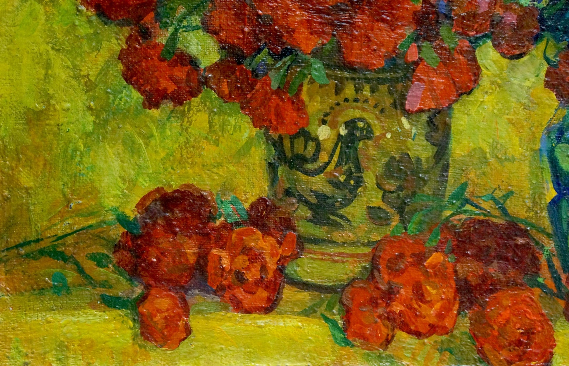 Green ceramic vase with black rooster and red roses by Pokulity Konstantin Ivanovich