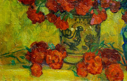 Green ceramic vase with black rooster and red roses by Pokulity Konstantin Ivanovich
