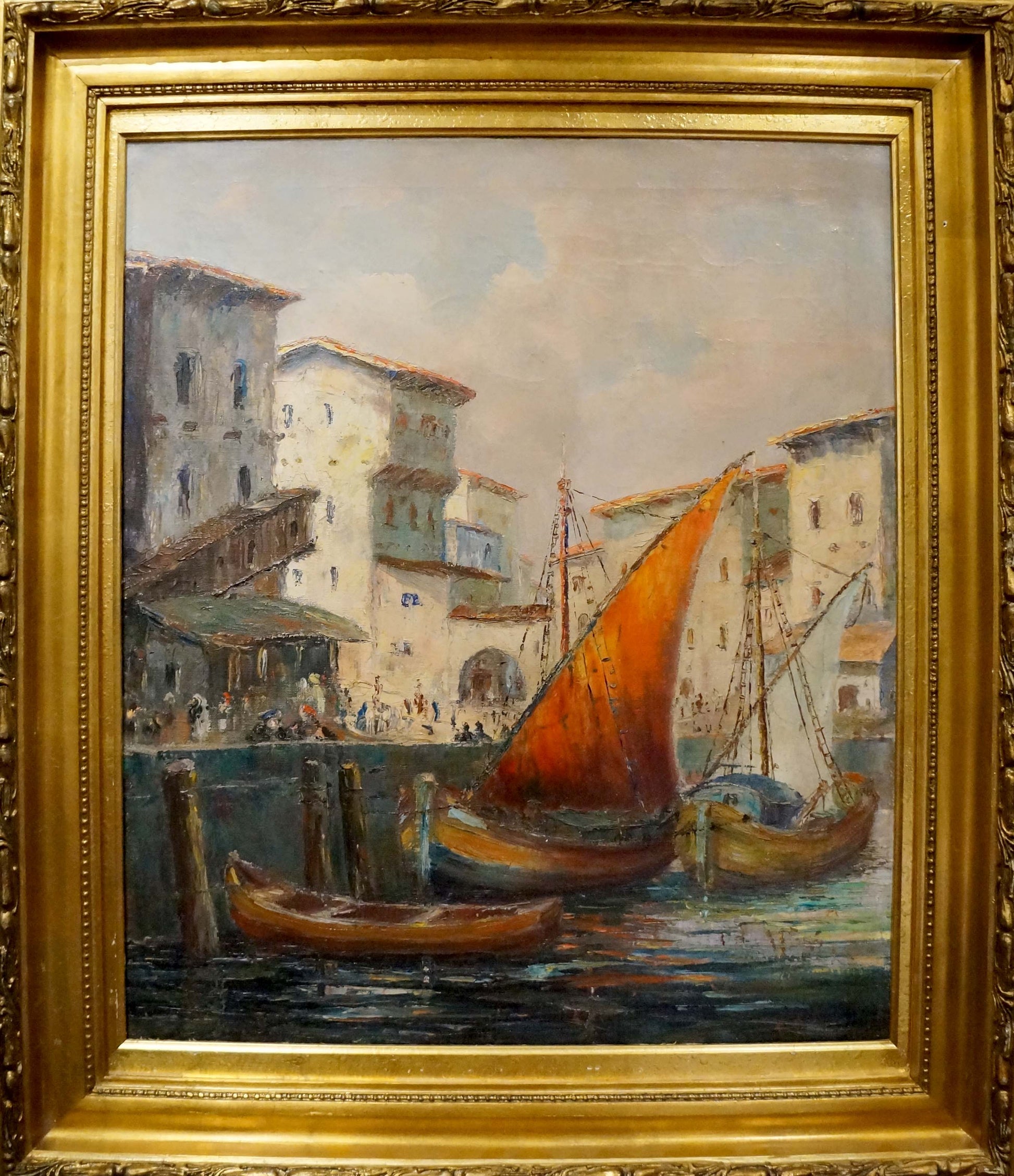 Oil painting In Port Richard Thorn: vibrant orange sailboat in ornate gold frame
