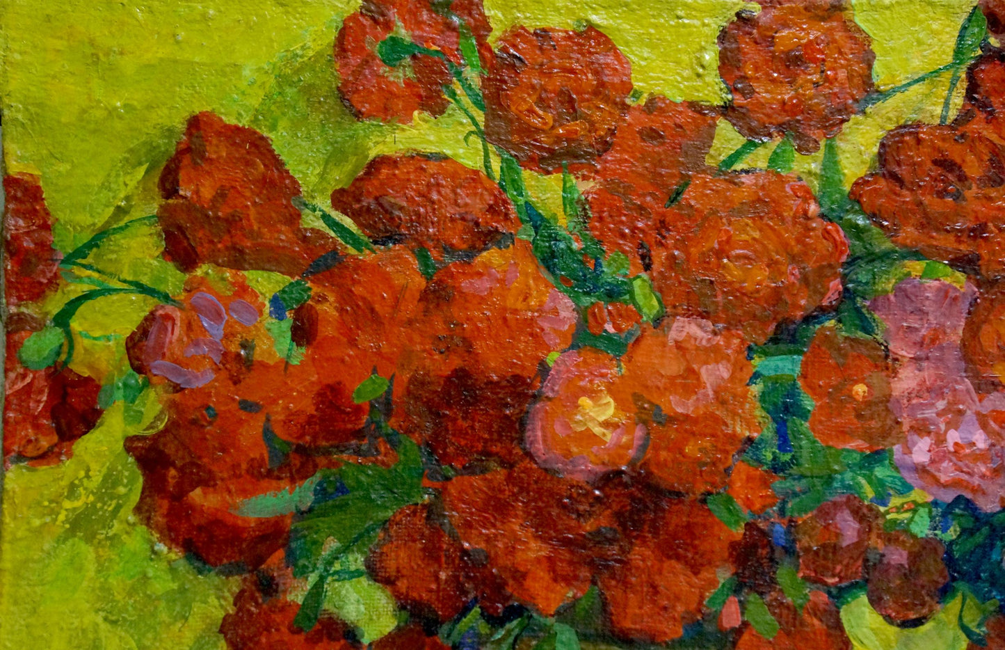 Oil painting of vibrant orange red rose bouquet by Pokulity Konstantin Ivanovich