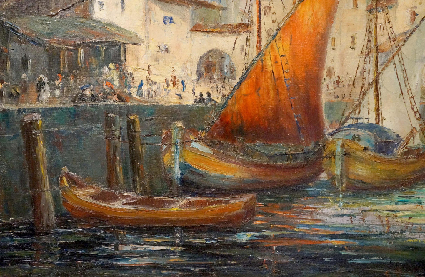 Oil painting In Port by Richard Thorn: orange sailboat with yellow hull near pilings