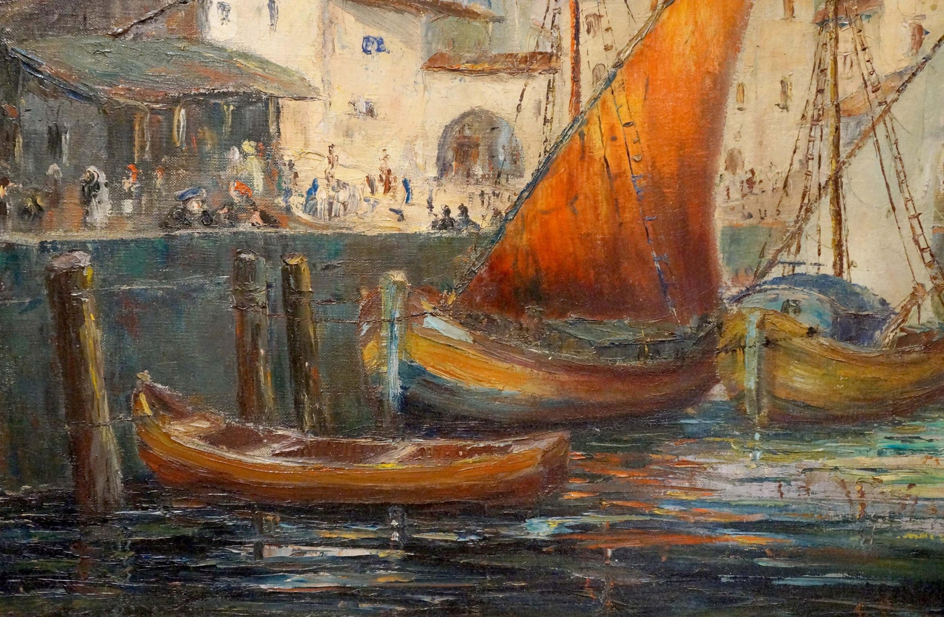 Oil painting In Port by Richard Thorn: orange sailboat with yellow hull near pilings