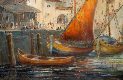 Oil painting In Port by Richard Thorn: orange sailboat with yellow hull near pilings