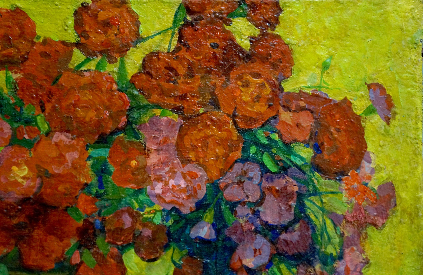 Vibrant oil painting of orange pink rose bouquet by Pokulity Konstantin Ivanovich