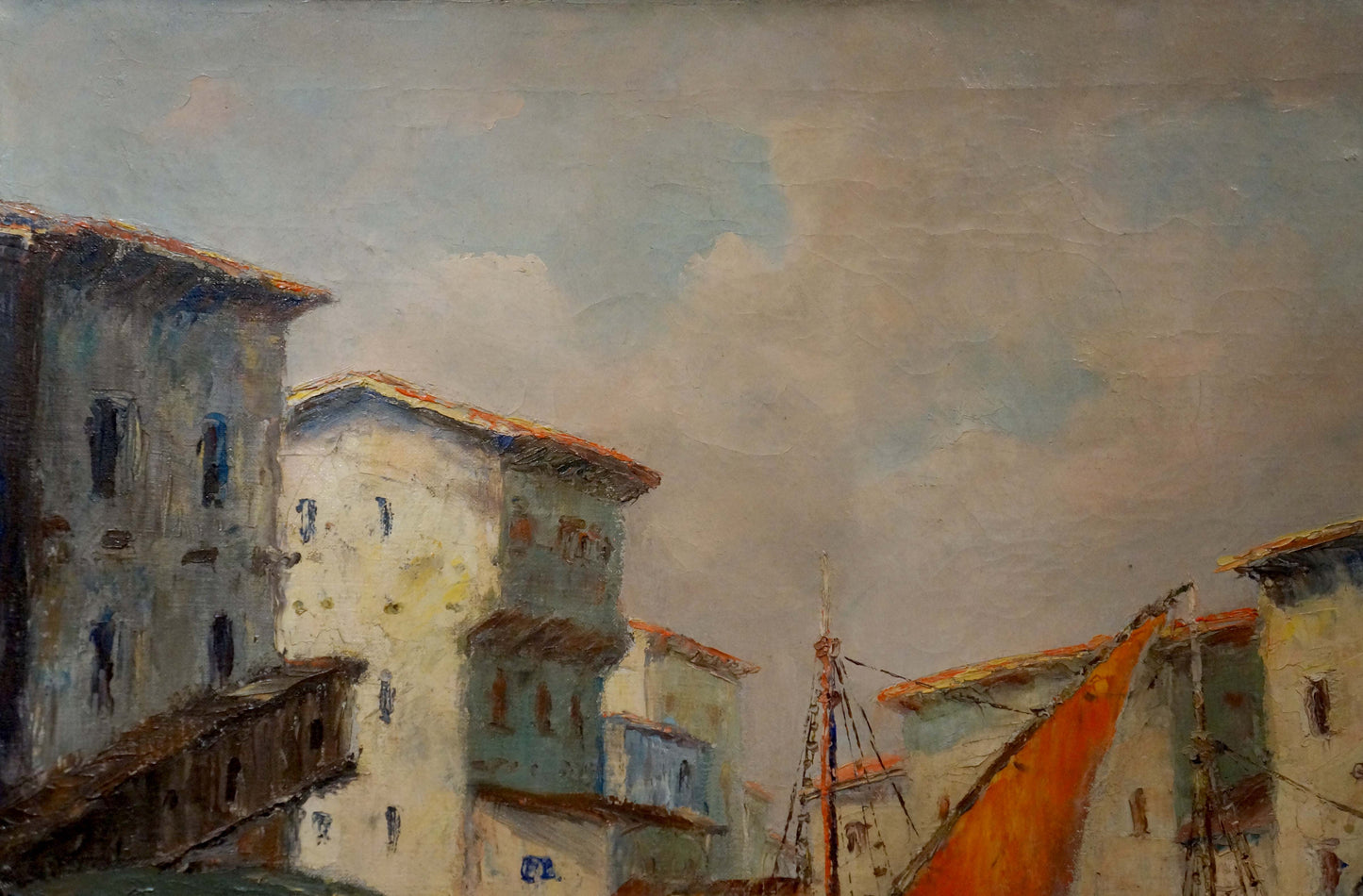 Oil painting In Port Richard Thorn: coastal town, orange sailboat, cloudy sky