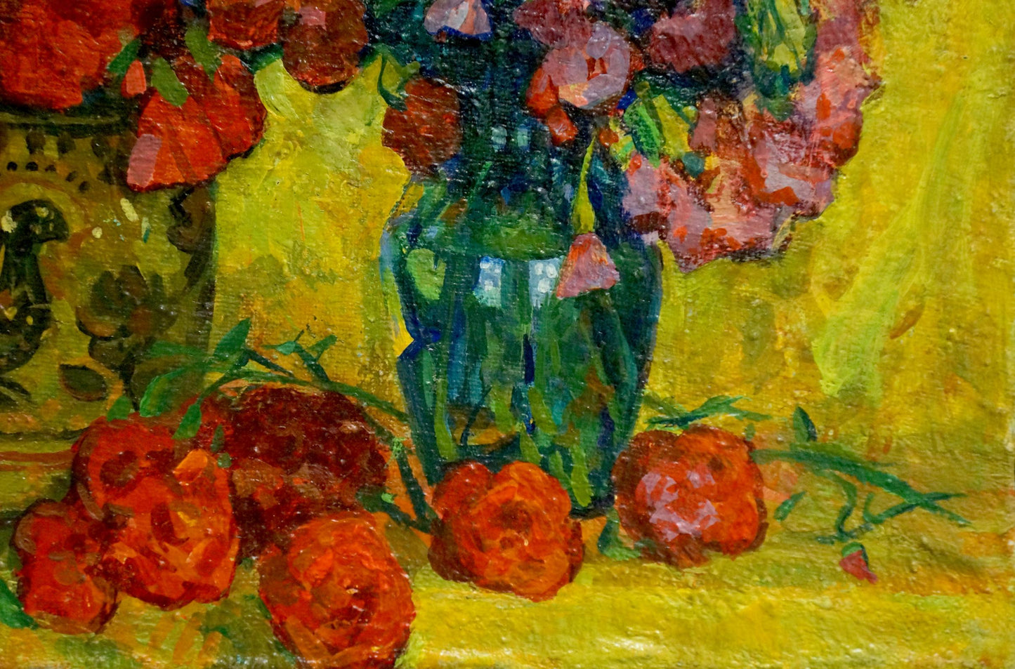 Oil painting of vibrant green glass vase with pink red roses by Pokulity Konstantin Ivanovich