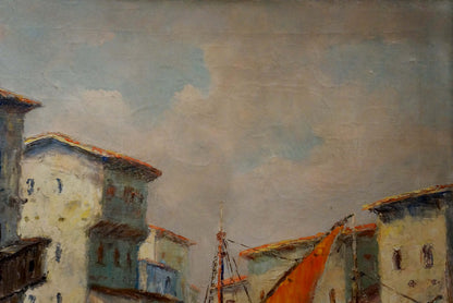 Oil painting of Port Richard Thorn: Mediterranean buildings with terracotta roofs under cloudy sky