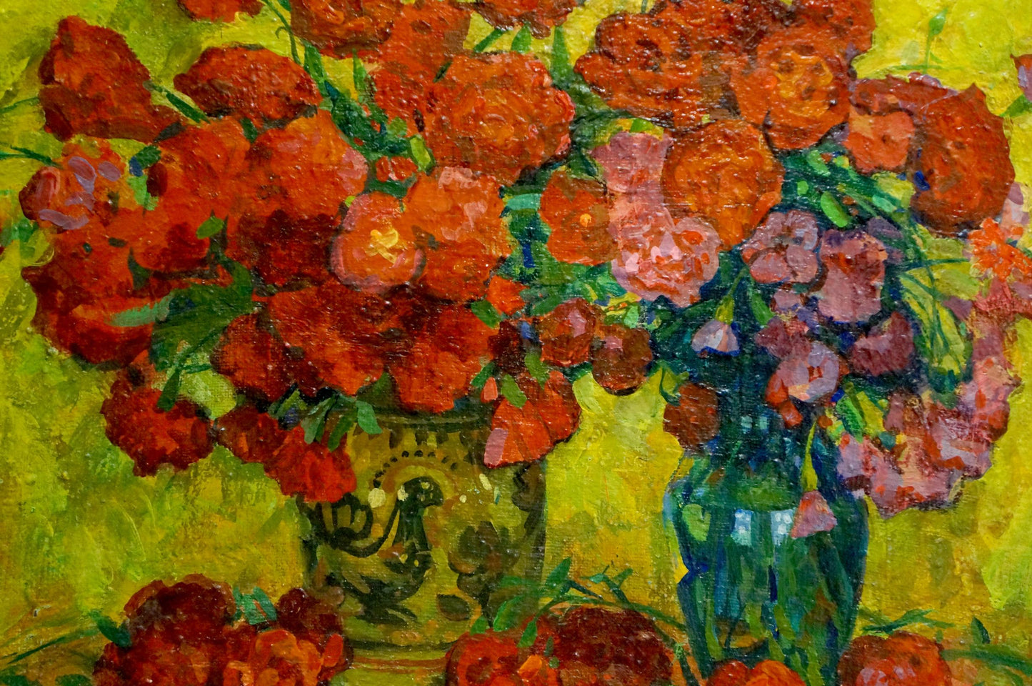Oil painting of vibrant orange pink roses bouquet by Pokulity Konstantin Ivanovich in green vase