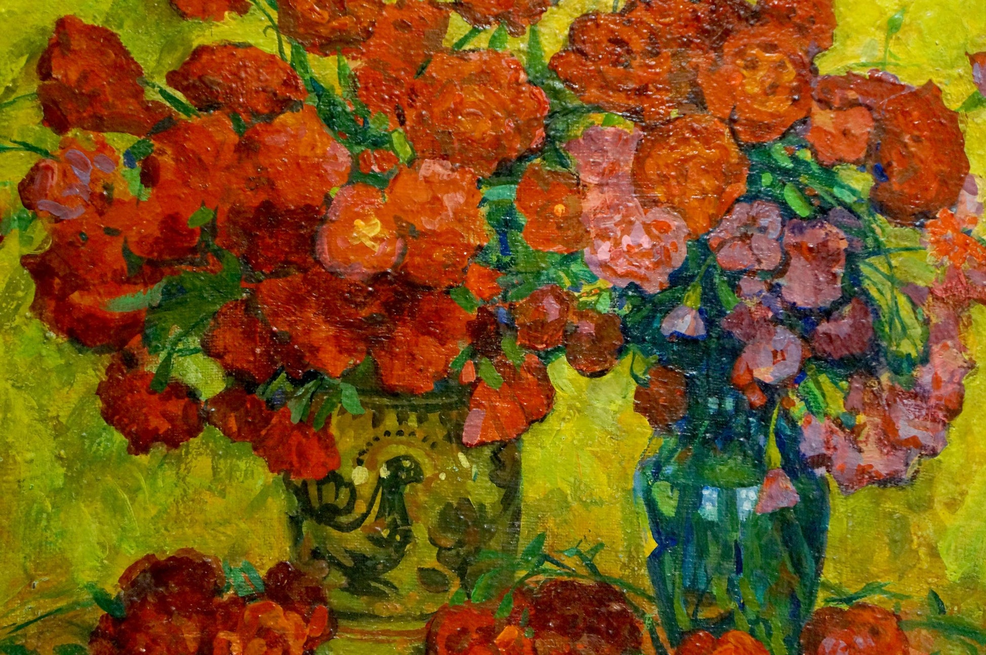 Oil painting of vibrant orange pink roses bouquet by Pokulity Konstantin Ivanovich in green vase