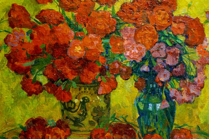 Oil painting of vibrant orange pink roses bouquet by Pokulity Konstantin Ivanovich in green vase