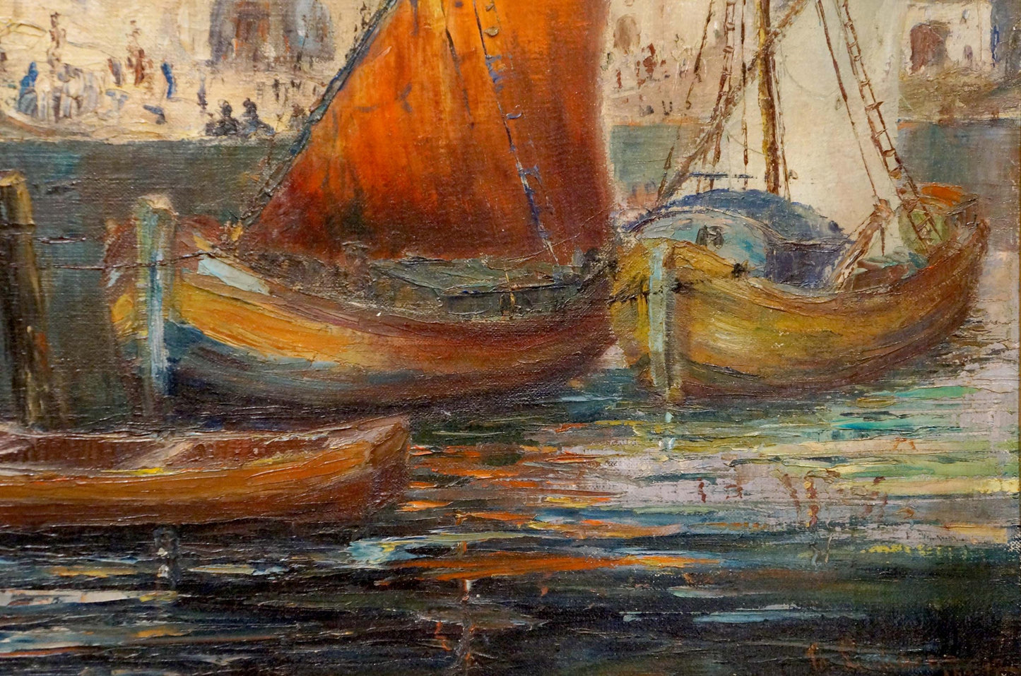 Vibrant orange sailboat in impressionistic oil painting In Port Richard Thorn