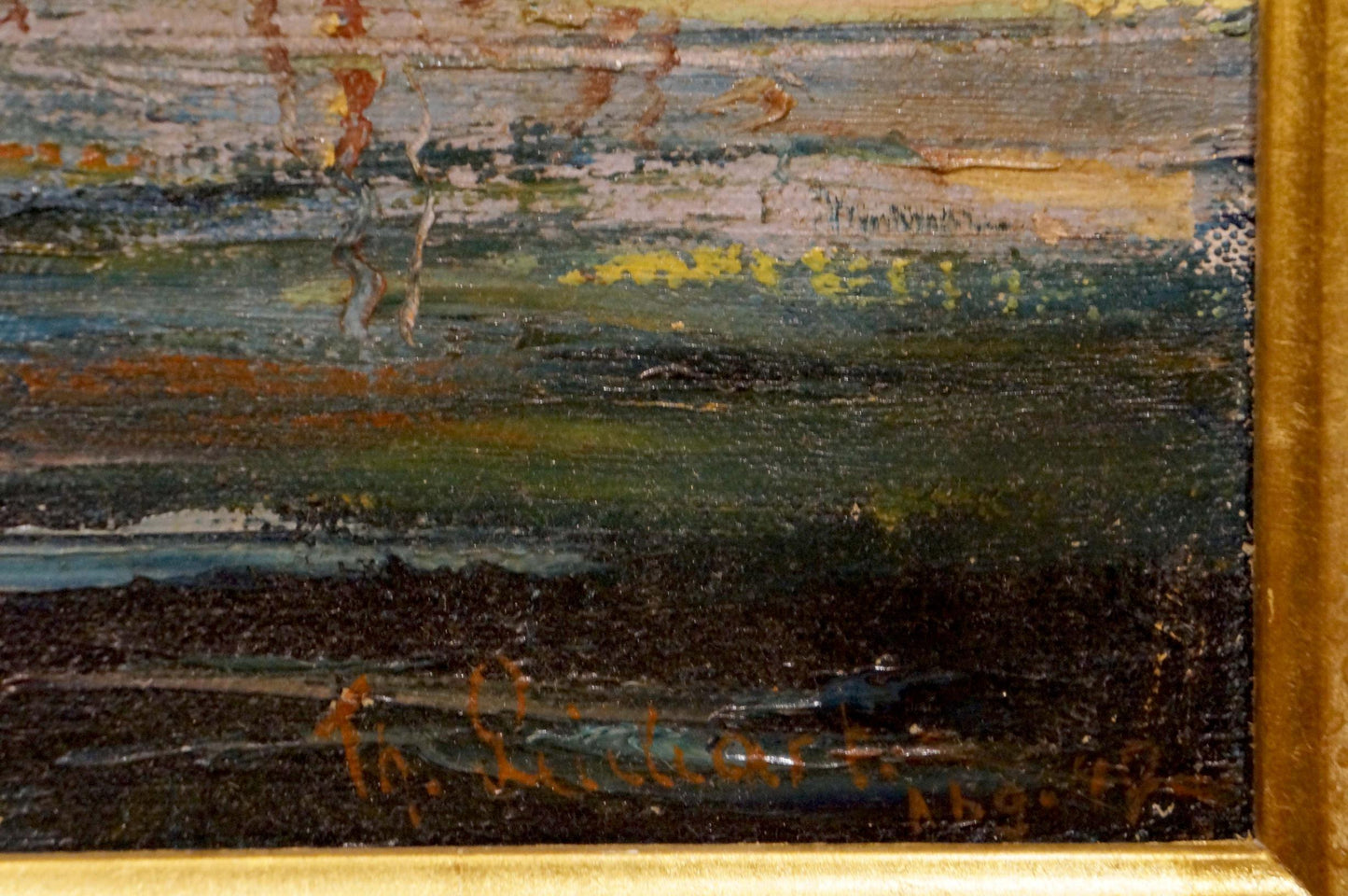 Oil painting In Port Richard Thorn: textured impressionistic seascape in gold frame