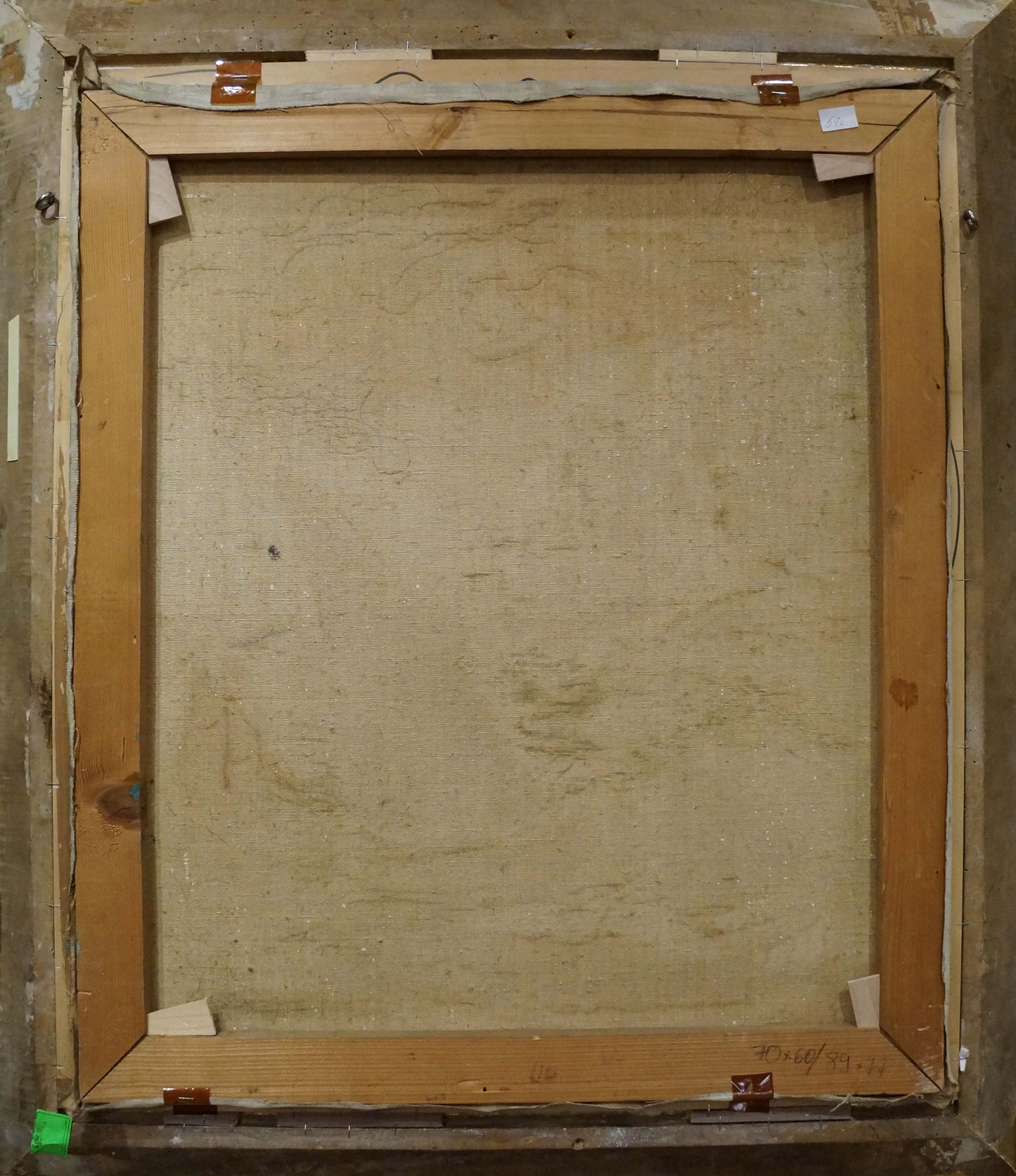 Back of Oil painting In Port Richard Thorn on wooden frame with beige textured canvas and staples