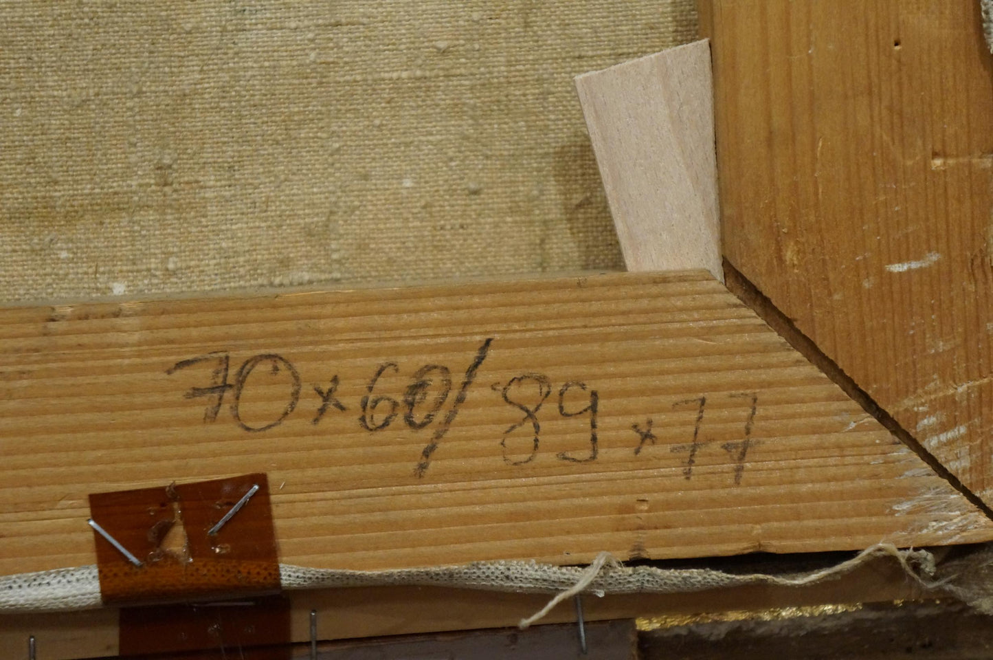 Back of Oil painting In Port Richard Thorn with wooden stretcher bar, handwritten dimensions and nails
