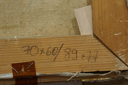 Back of Oil painting In Port Richard Thorn with wooden stretcher bar, handwritten dimensions and nails