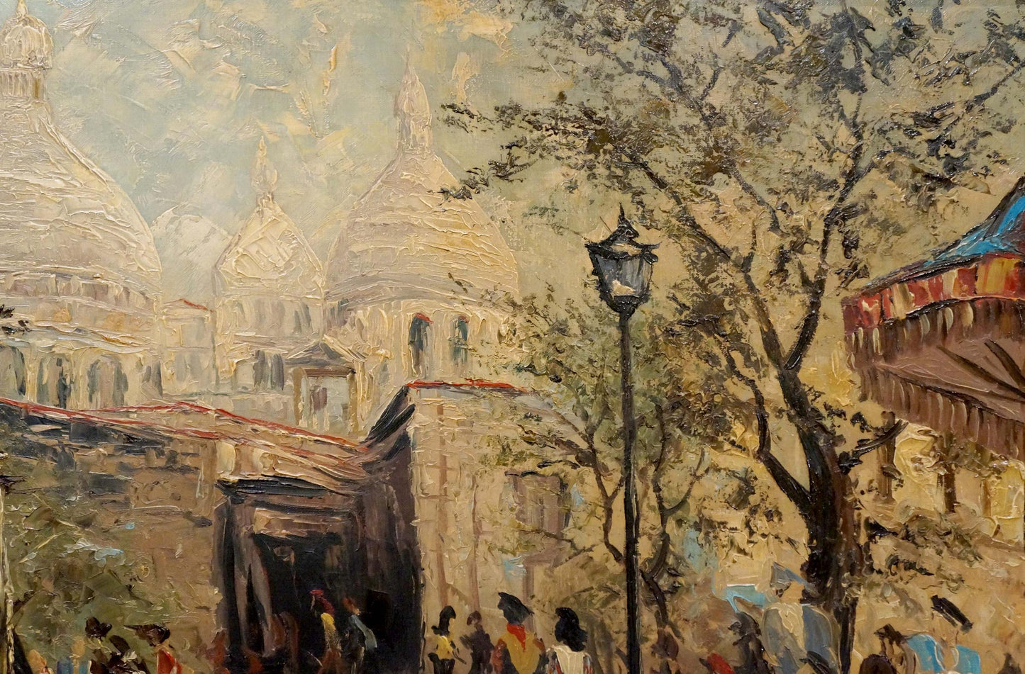 Stormy city life oil painting of bustling street with domed buildings