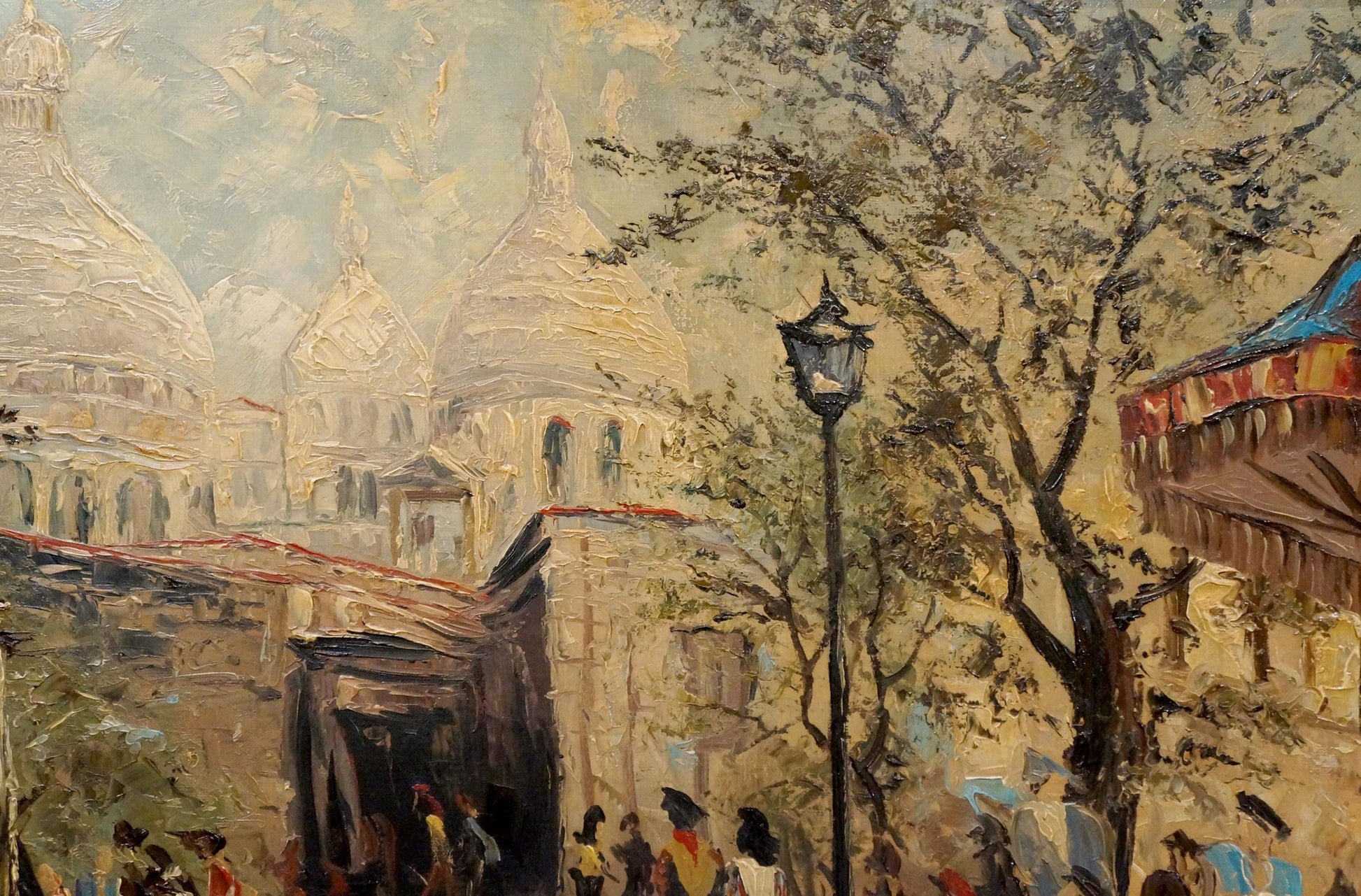 Stormy city life oil painting of bustling street with domed buildings