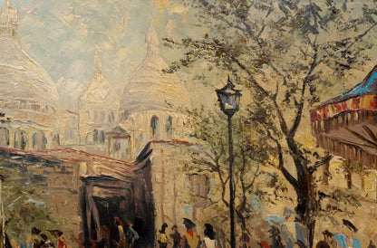 Stormy city life oil painting of bustling street with domed buildings