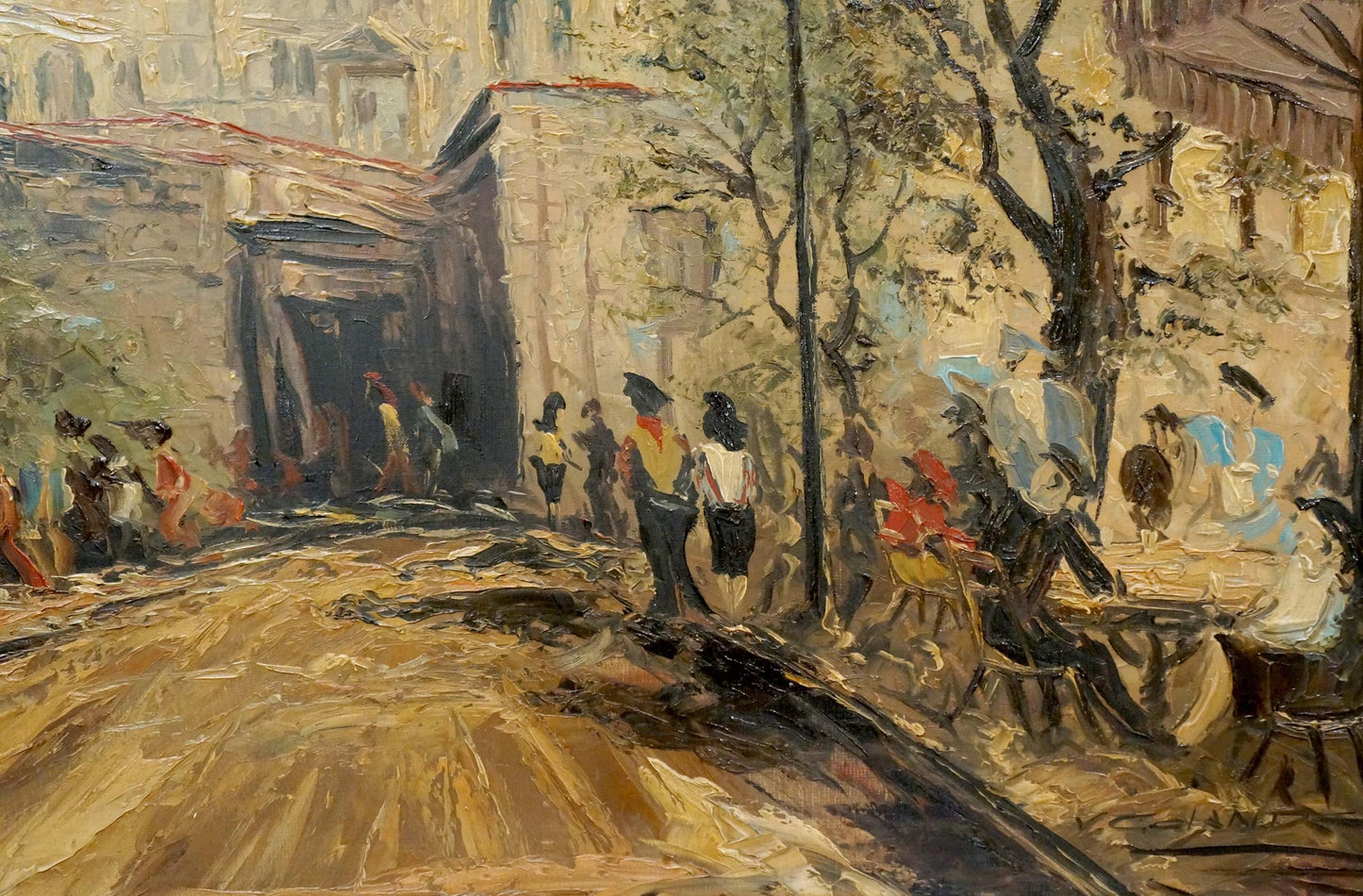 Vibrant impressionist oil painting of stormy city street life