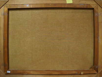 Back of Oil painting Stormy life in the city on wooden-framed canvas with beige fabric backing
