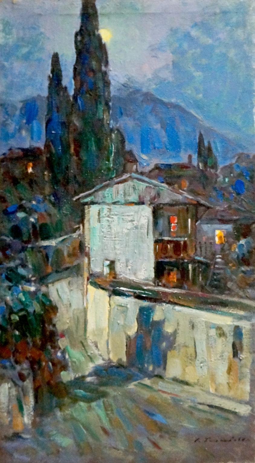 Serene nocturnal oil painting by Bakaev Sergey Ivanovich with cypress trees