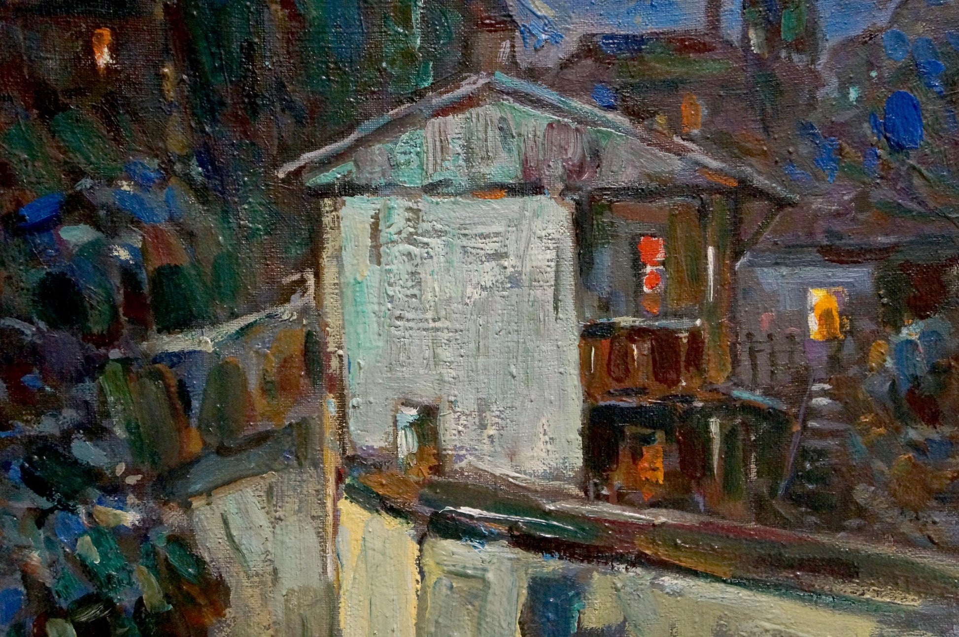 Oil painting Night city by Bakaev Sergey Ivanovich, impressionistic white building
