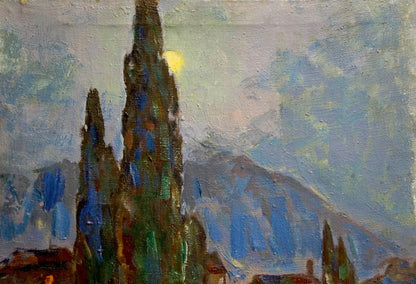 Oil painting of tall slender cypress trees by Bakaev Sergey Ivanovich