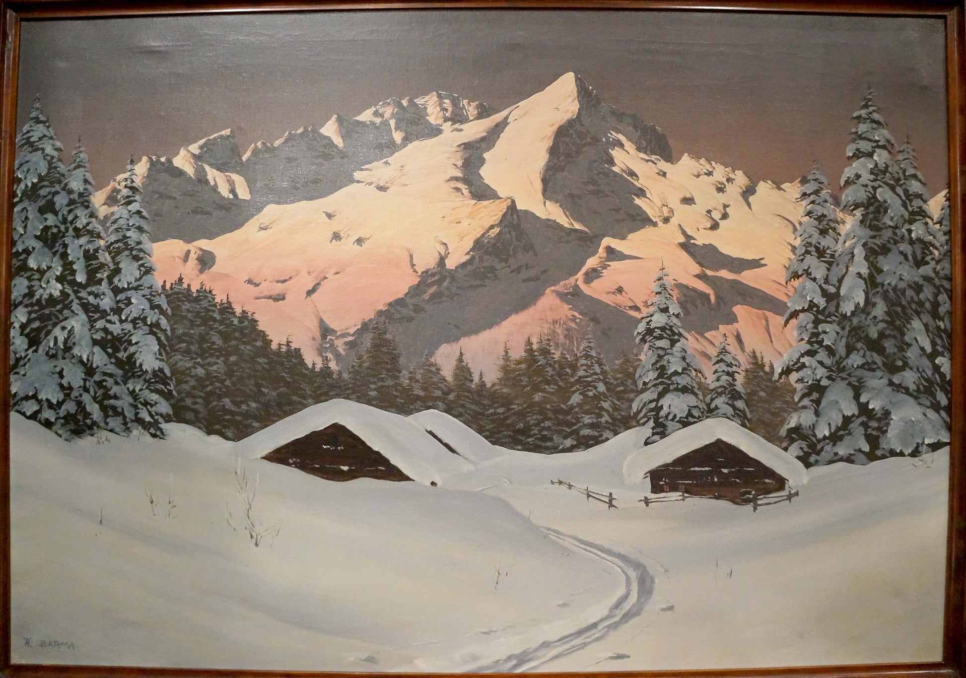 Oil painting of snow-covered Winter mountain peak by H. Barma