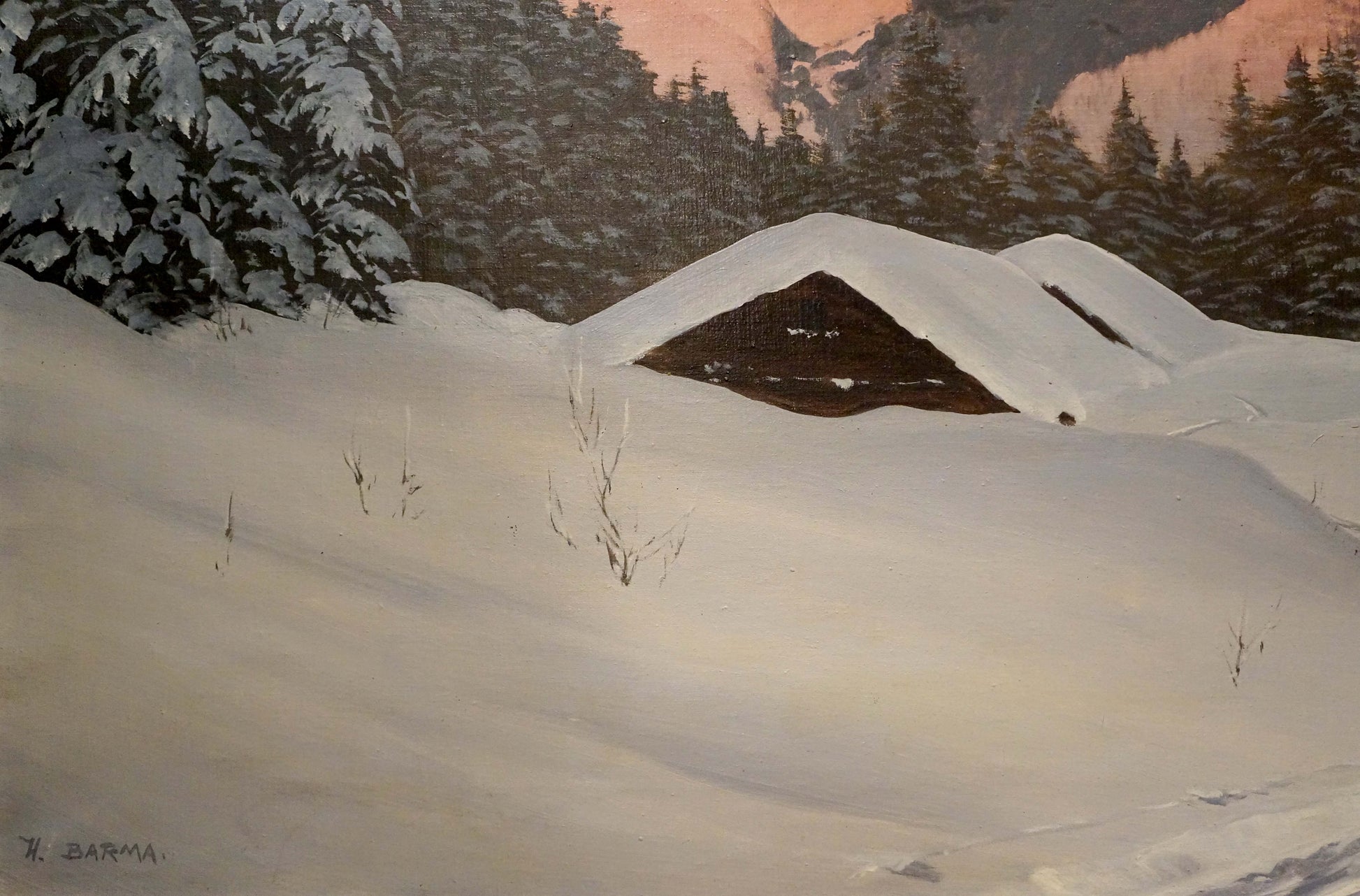 Oil painting by H. Barma: snow-covered cabin in evergreen twilight mountains
