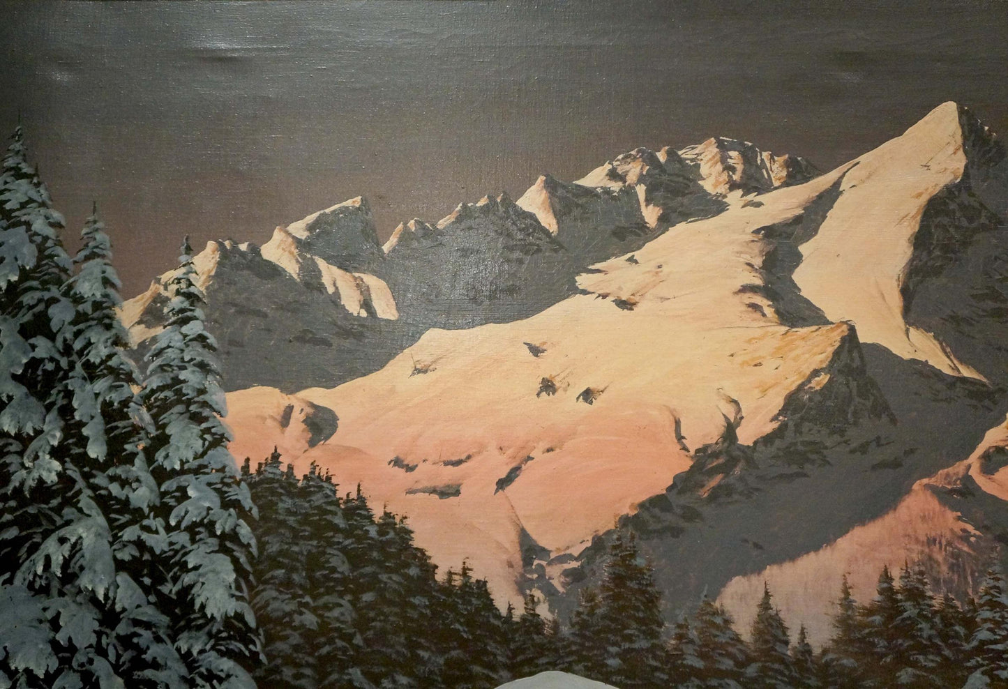 Oil painting of snow-capped winter mountain landscape by H. Barma