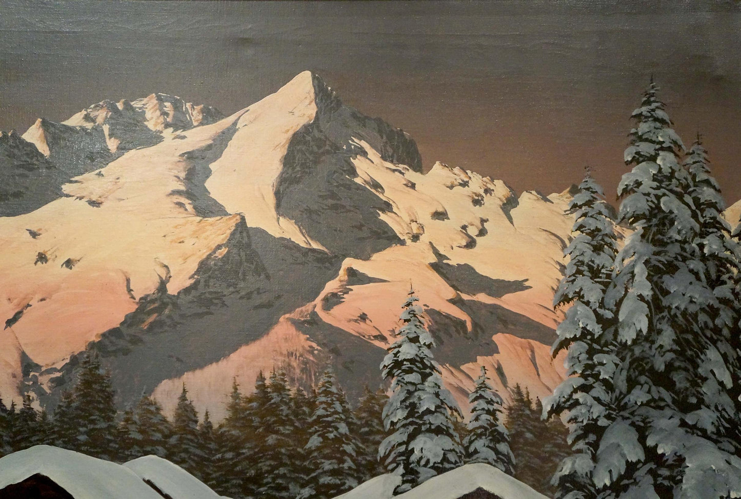 Oil painting of snow-capped winter mountain landscape by H. Barma