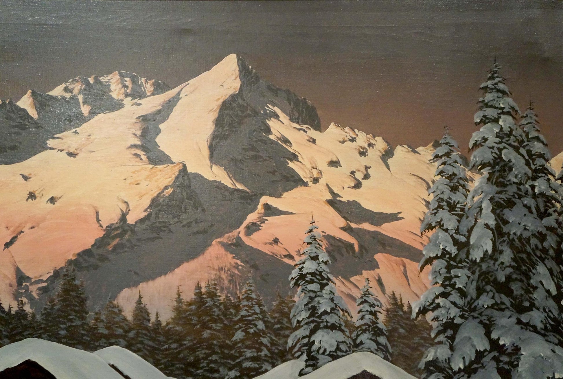 Oil painting of snow-capped winter mountain landscape by H. Barma