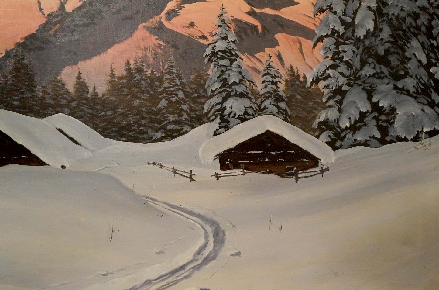Oil painting by H. Barma: snow-covered cabin amid pine trees and sunlit mountains