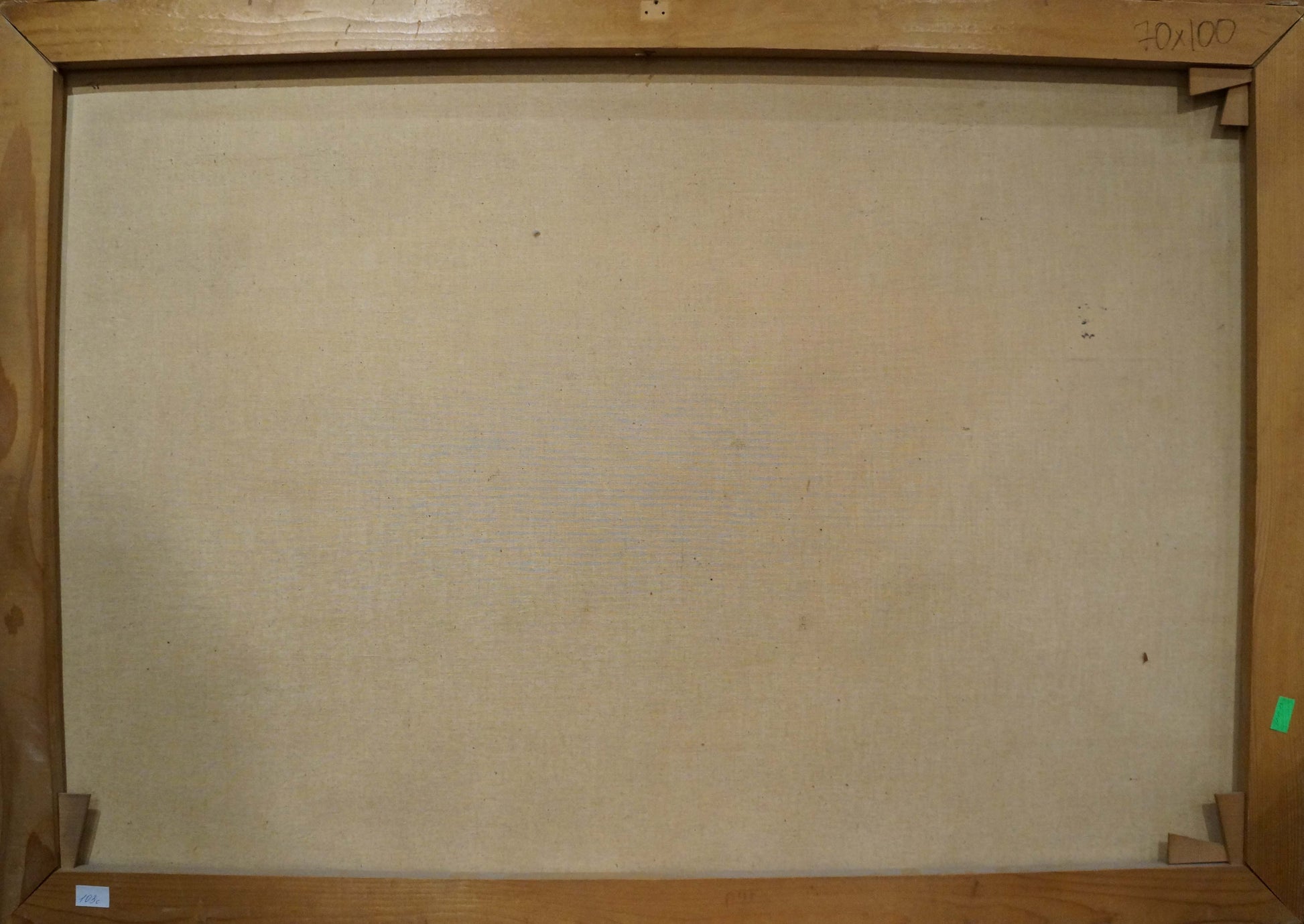 Back of beige canvas oil painting Winter mountain landscape H. Barma in wooden frame