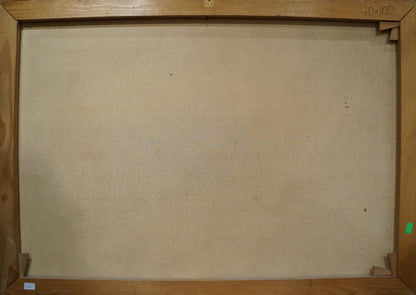 Back of beige canvas oil painting Winter mountain landscape H. Barma in wooden frame