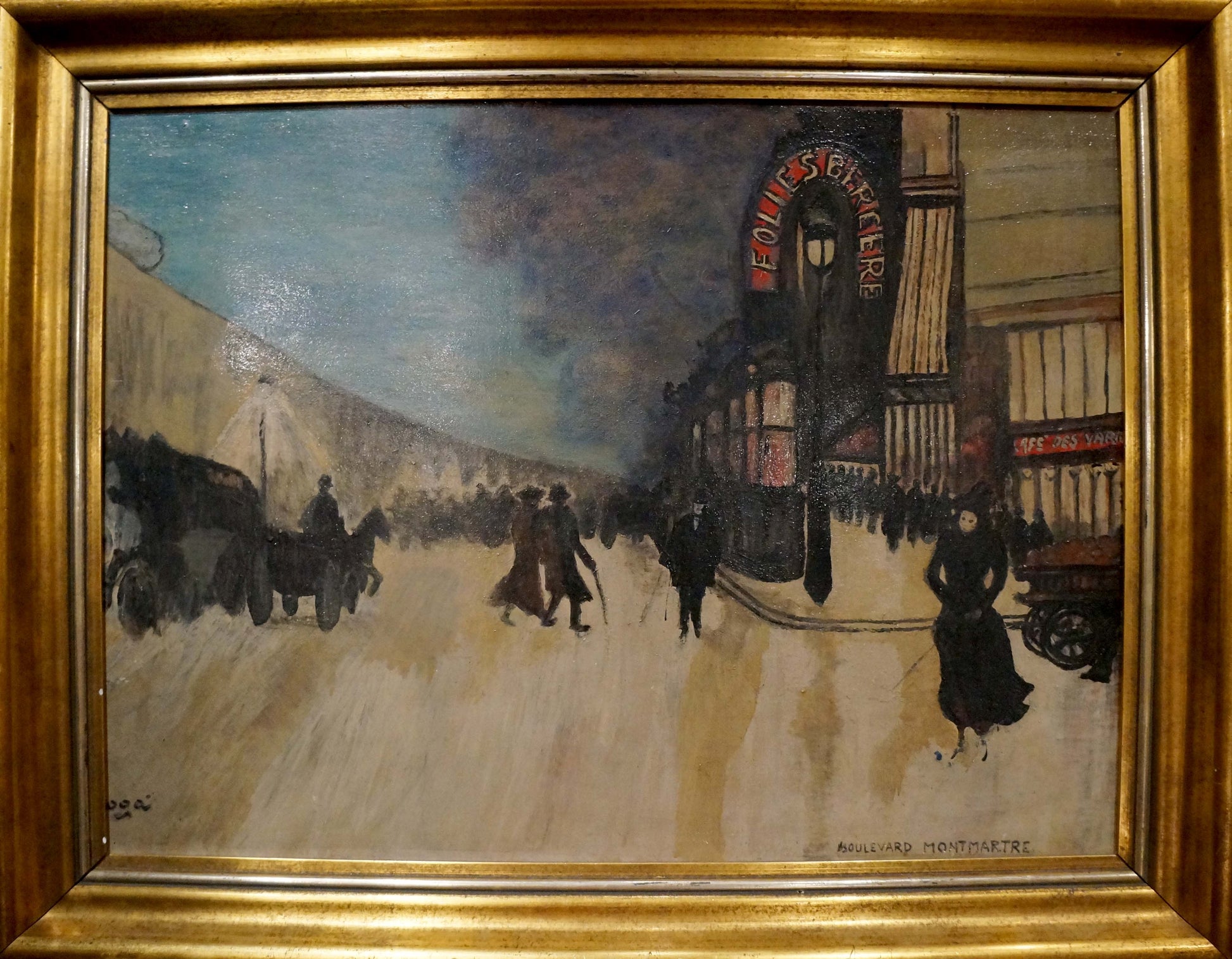 Oil painting Paris: framed bustling Parisian street with carriages