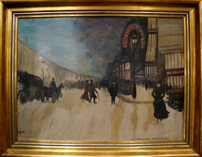 Oil painting Paris: framed bustling Parisian street with carriages