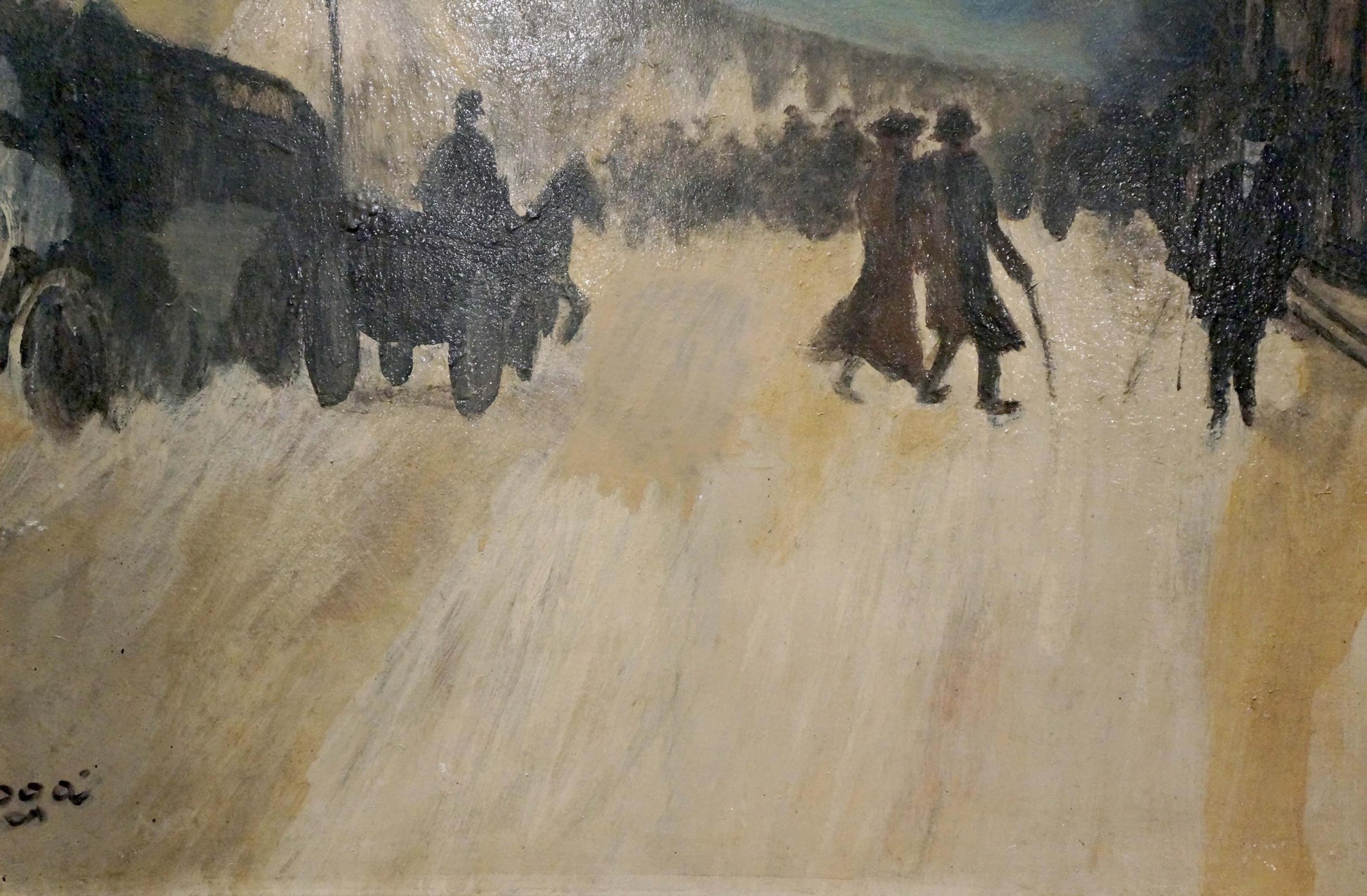 Oil painting Paris: impressionistic bustling street with figures in dark coats