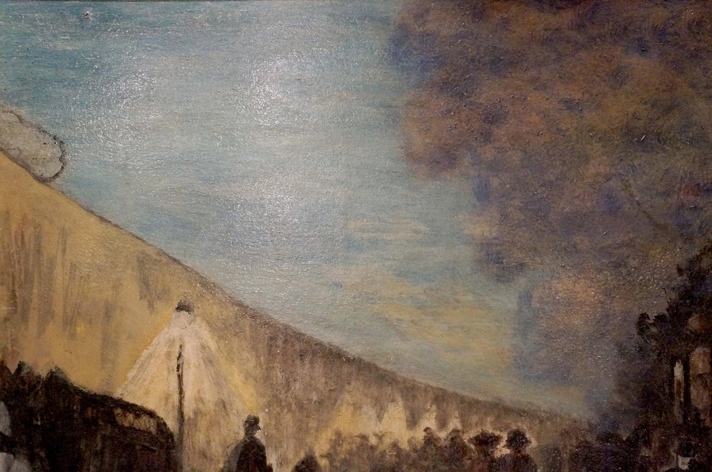 Textured impressionistic oil painting of Paris hillside under cloudy sky
