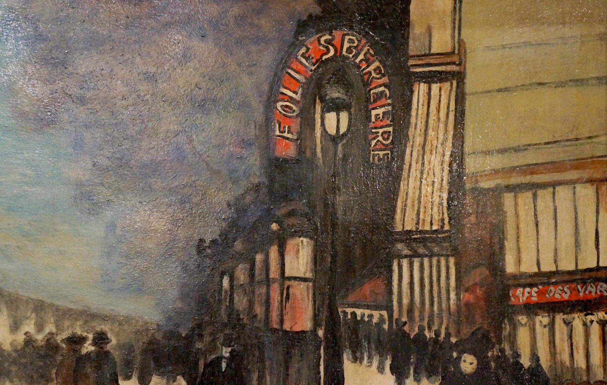 Arched red neon Le Folies Bergere sign on black lamppost, Paris oil painting